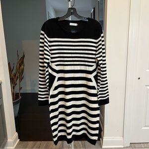 Calvin Klein Crew Neck Sweater Dress Black and White Stripes Fitted Women’s L